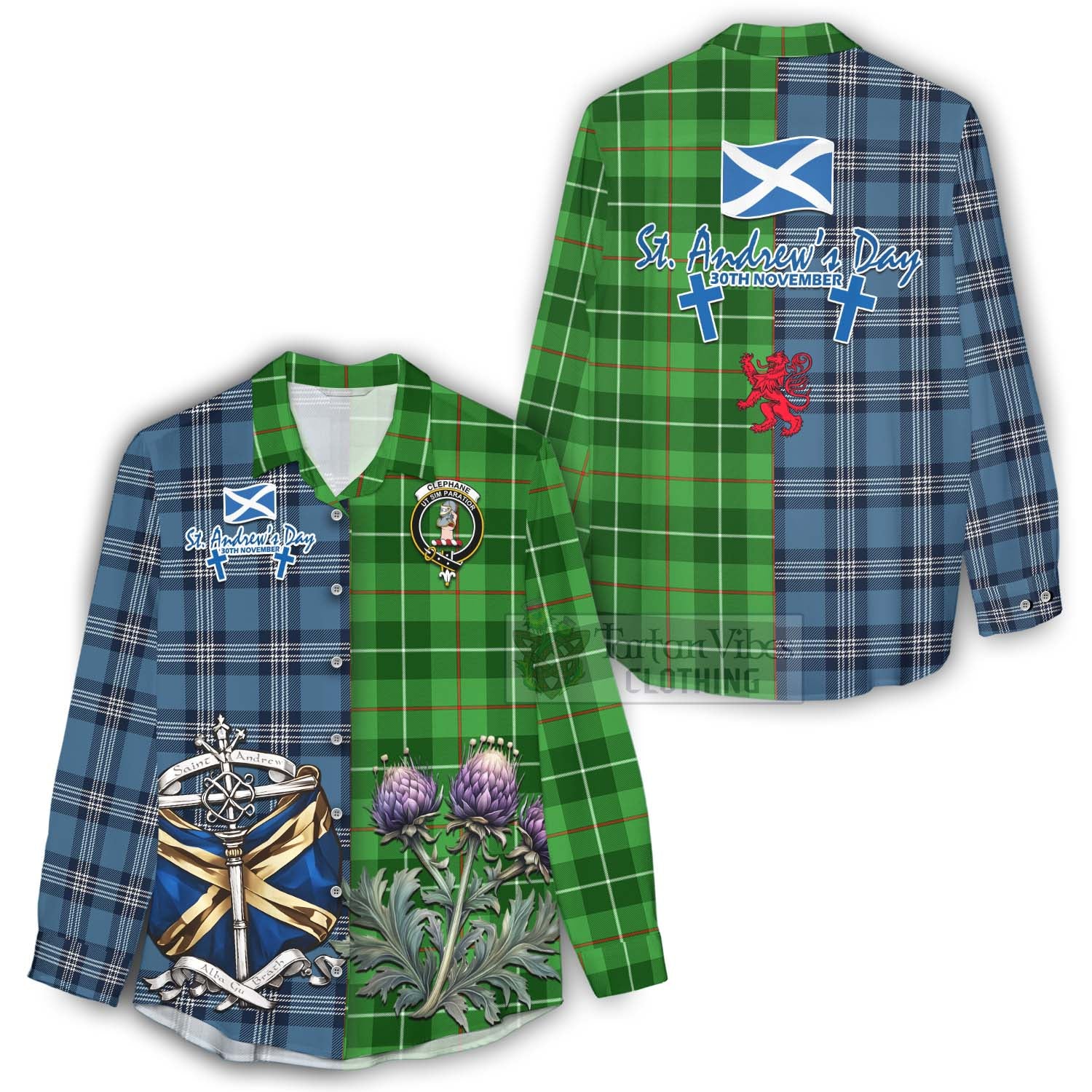 Tartan Vibes Clothing Clephane (Clephan) Tartan Women's Casual Shirt Happy St. Andrew's Day Half Tartan Style