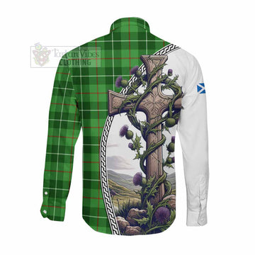 Clephane (Clephan) Tartan Long Sleeve Button Shirt with Family Crest and St. Andrew's Cross Accented by Thistle Vines Men's Shirt - Tartan Vibes Clothing