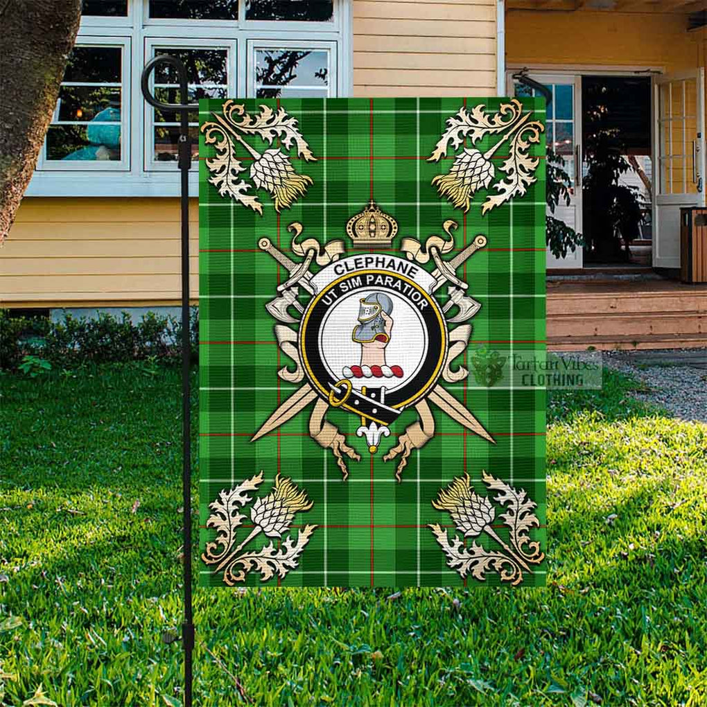 Tartan Vibes Clothing Clephane (Clephan) Tartan Flag with Family Crest and Golden Thistle Crossed Sword Design
