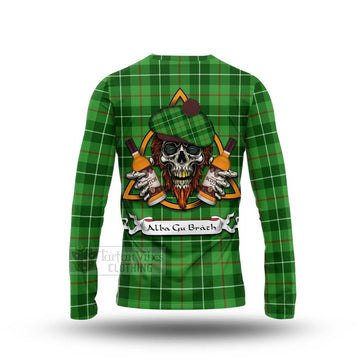 Clephane (Clephan) Tartan Long Sleeve T-Shirt with Family Crest and Bearded Skull Holding Bottles of Whiskey - Tartan Vibes Clothing