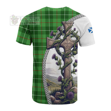 Tartan Vibes Clothing Clephane (Clephan) Tartan Cotton T-shirt with Family Crest and St. Andrew's Cross Accented by Thistle Vines