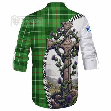 Clephane (Clephan) Tartan Ghillie Kilt Shirt with Family Crest and St. Andrew's Cross Accented by Thistle Vines - Tartan Vibes Clothing