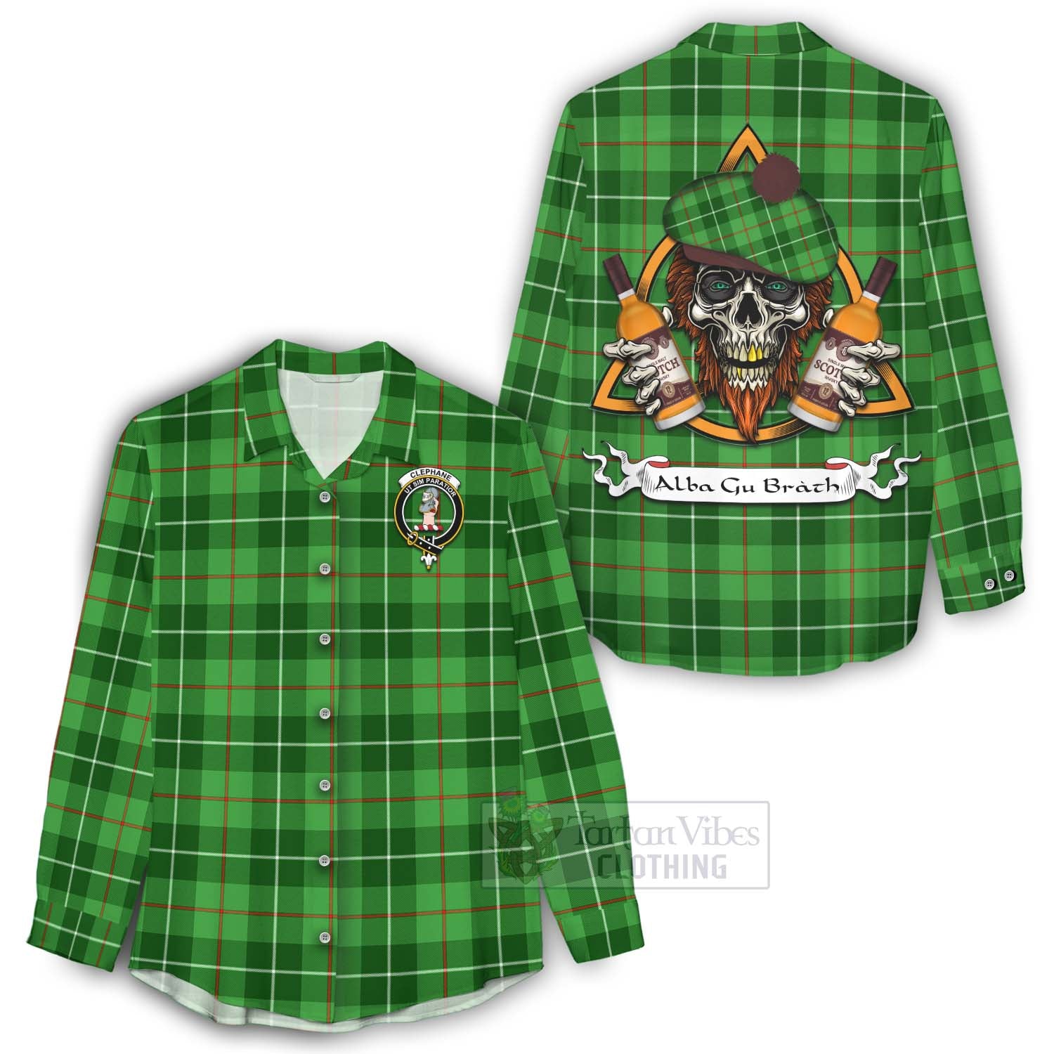 Tartan Vibes Clothing Clephane (Clephan) Tartan Women's Casual Shirt with Family Crest and Bearded Skull Holding Bottles of Whiskey