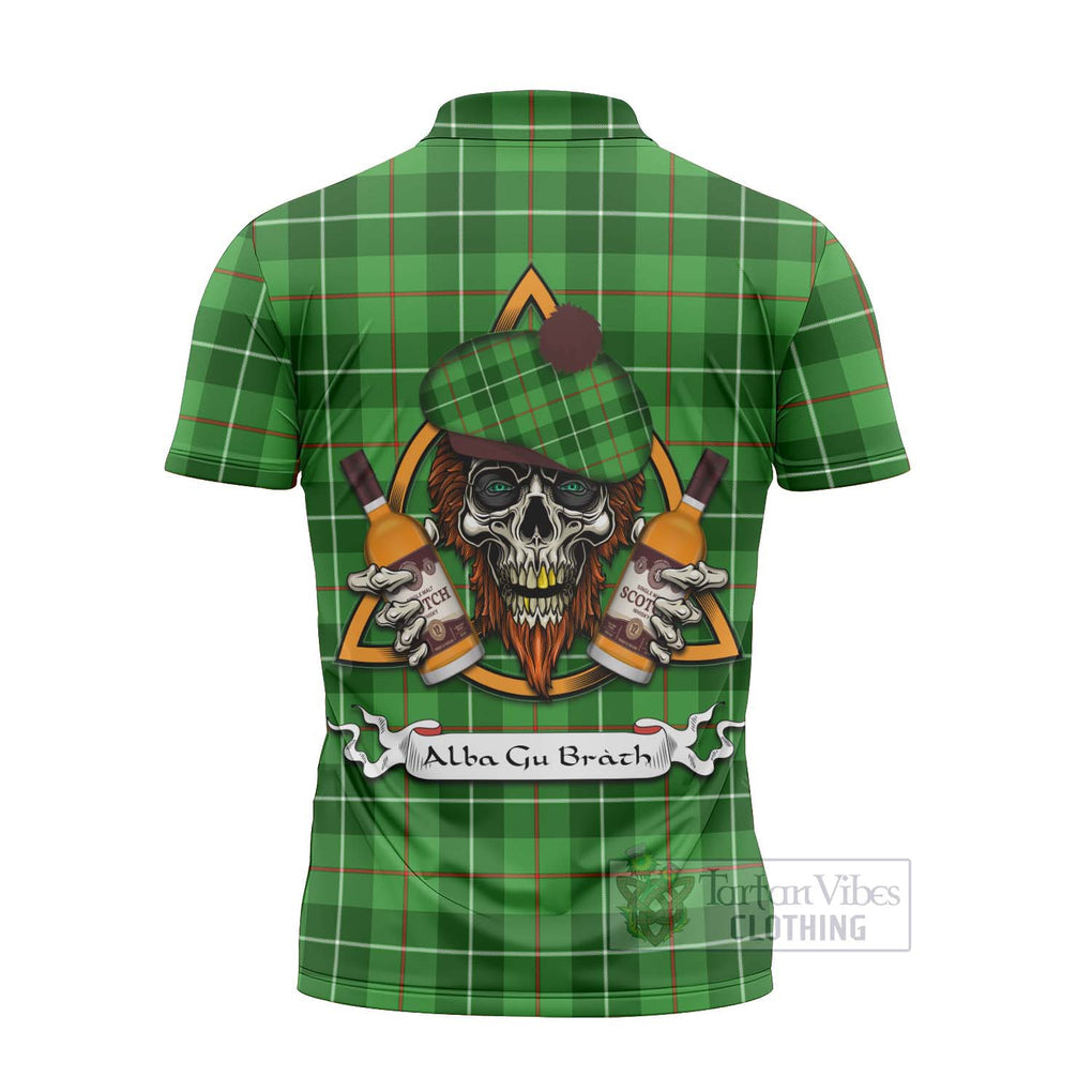 Tartan Vibes Clothing Clephane (Clephan) Tartan Zipper Polo Shirt with Family Crest and Bearded Skull Holding Bottles of Whiskey