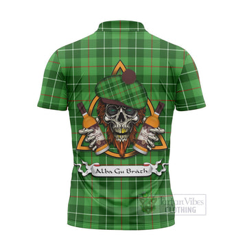 Tartan Vibes Clothing Clephane (Clephan) Tartan Zipper Polo Shirt with Family Crest and Bearded Skull Holding Bottles of Whiskey
