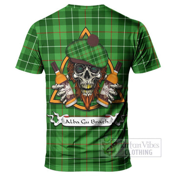 Tartan Vibes Clothing Clephane (Clephan) Tartan T-Shirt with Family Crest and Bearded Skull Holding Bottles of Whiskey