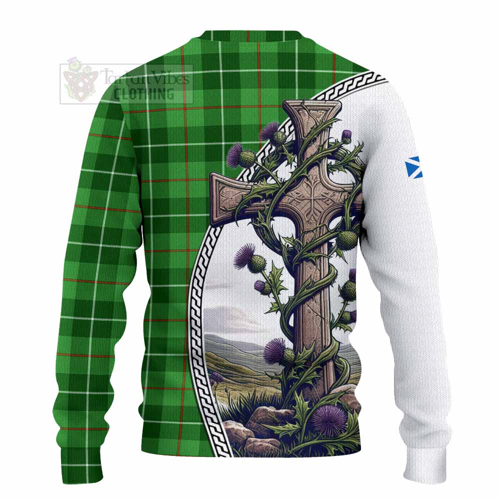 Clephane (Clephan) Tartan Knitted Sweater with Family Crest and St. Andrew's Cross Accented by Thistle Vines - Tartan Vibes Clothing