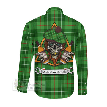 Clephane (Clephan) Tartan Long Sleeve Button Shirt with Family Crest and Bearded Skull Holding Bottles of Whiskey Men's Shirt - Tartan Vibes Clothing
