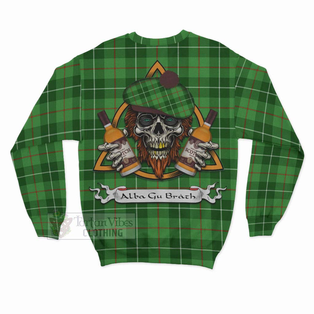 Tartan Vibes Clothing Clephane (Clephan) Tartan Sweatshirt with Family Crest and Bearded Skull Holding Bottles of Whiskey