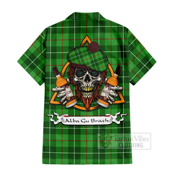 Clephane (Clephan) Tartan Hawaiian Shirt with Family Crest and Bearded Skull Holding Bottles of Whiskey - Tartan Vibes Clothing