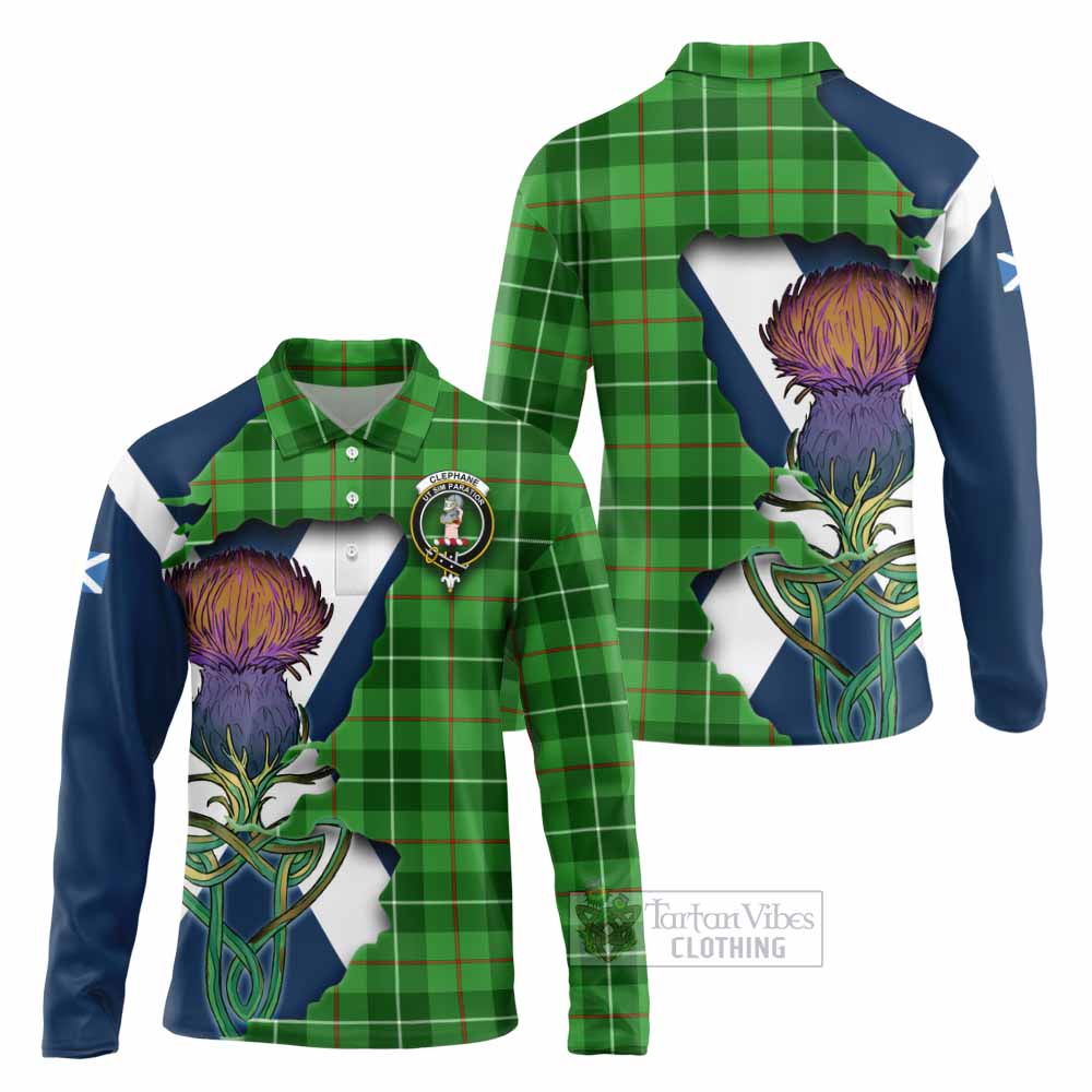 Tartan Vibes Clothing Clephane (Clephan) Tartan Family Crest Long Sleeve Polo Shirt Scottish Thistle Celtic Inspired