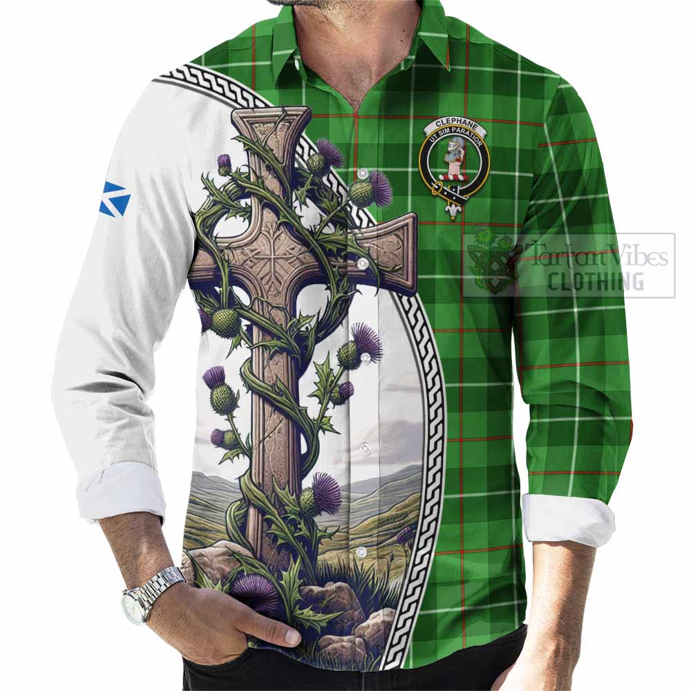 Clephane (Clephan) Tartan Long Sleeve Button Shirt with Family Crest and St. Andrew's Cross Accented by Thistle Vines - Tartan Vibes Clothing