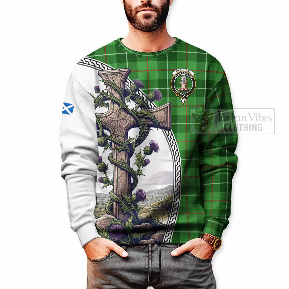 Tartan Vibes Clothing Clephane (Clephan) Tartan Sweatshirt with Family Crest and St. Andrew's Cross Accented by Thistle Vines