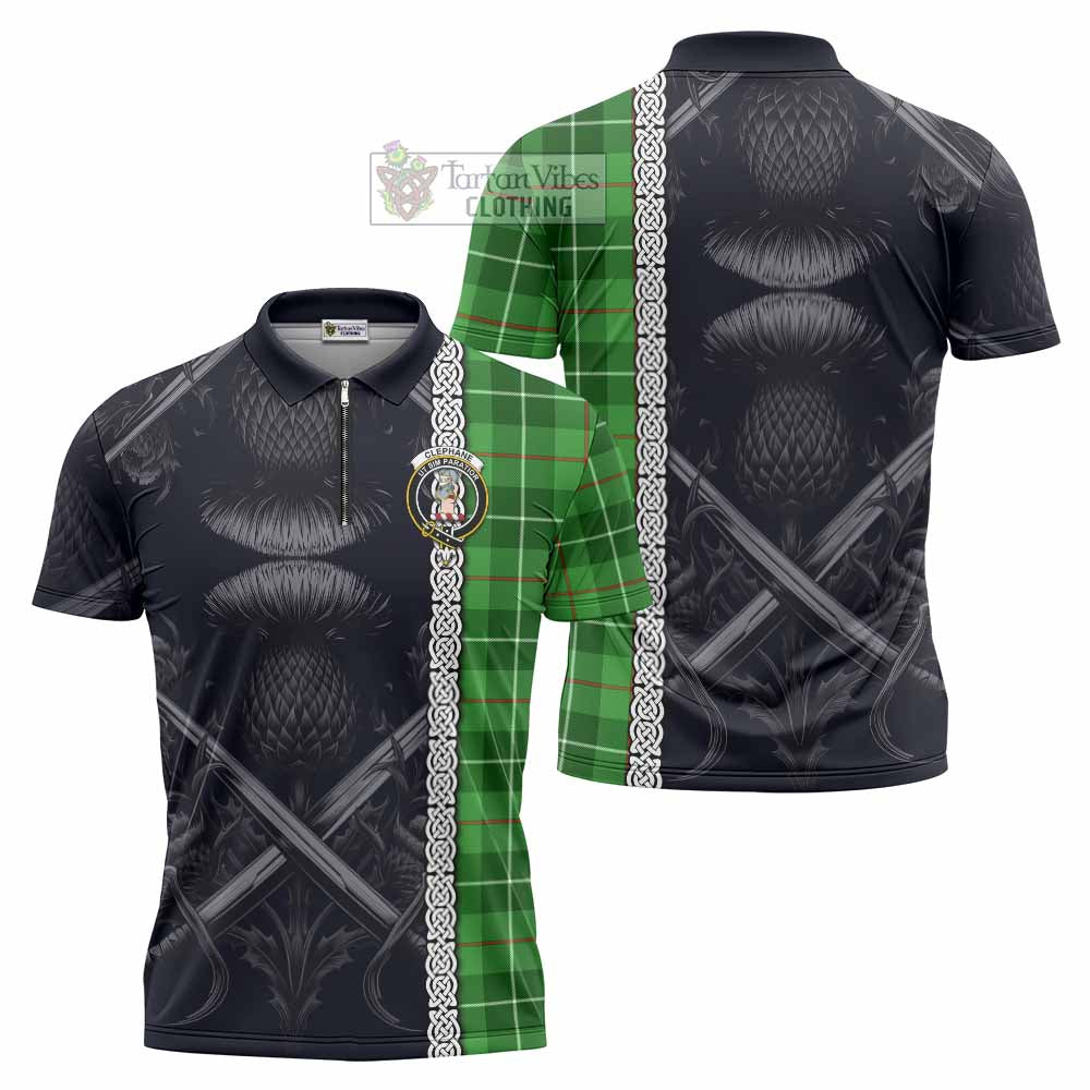 Tartan Vibes Clothing Clephane (Clephan) Tartan Zipper Polo Shirt with Family Crest Cross Sword Thistle Celtic Vibes