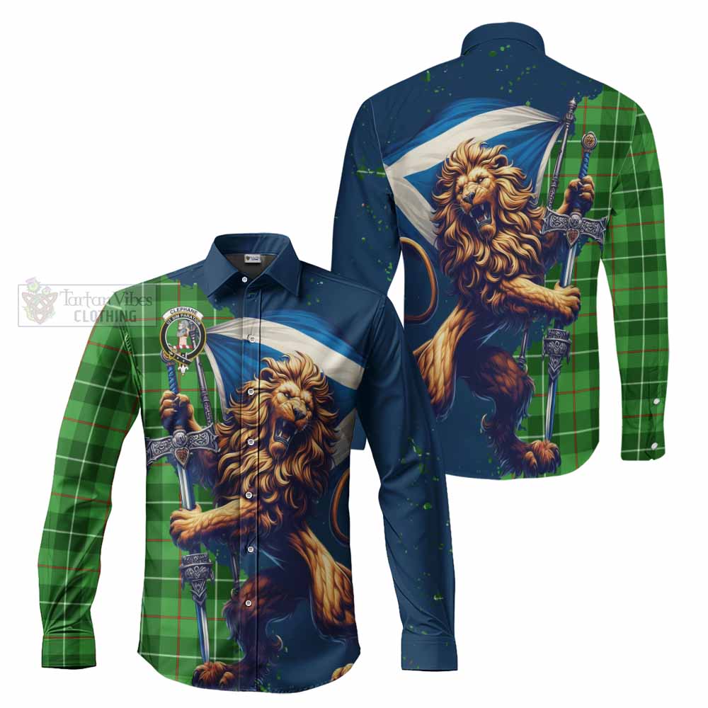 Clephane (Clephan) Tartan Family Crest Long Sleeve Button Shirt with Scottish Majestic Lion - Tartan Vibes Clothing