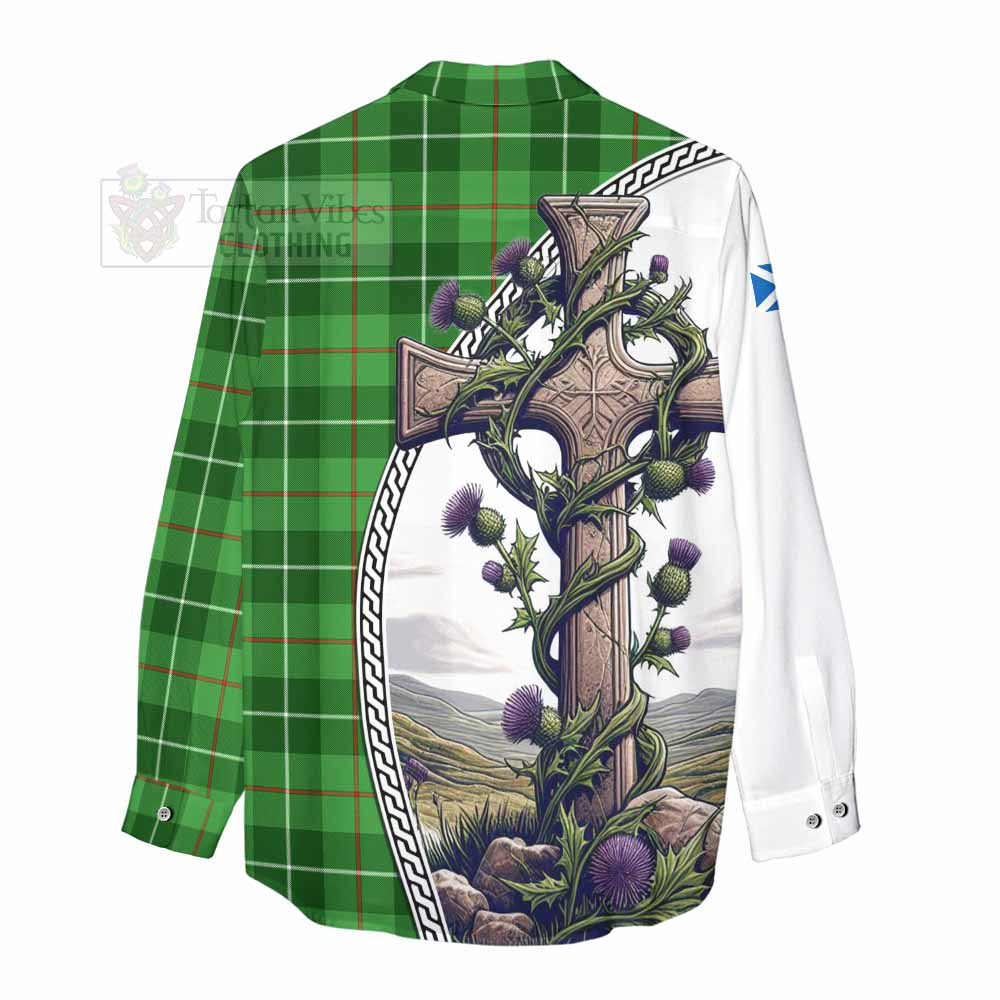 Tartan Vibes Clothing Clephane (Clephan) Tartan Women's Casual Shirt with Family Crest and St. Andrew's Cross Accented by Thistle Vines