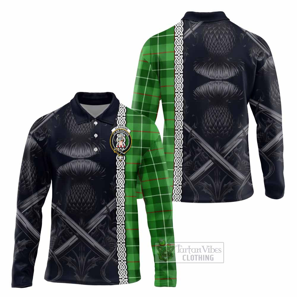 Clephane (Clephan) Tartan Long Sleeve Polo Shirt with Family Crest Cross Sword Thistle Celtic Vibes - Tartan Vibes Clothing