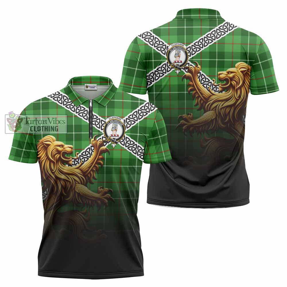 Clephane (Clephan) Crest Tartan Zipper Polo Shirt with Golden Lion Emblem Celtic Style - Tartan Vibes Clothing