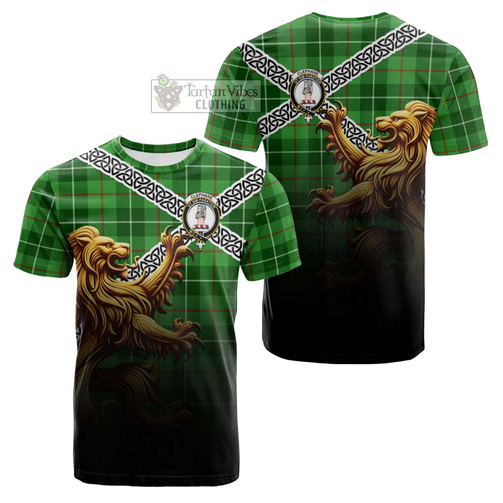 Tartan Vibes Clothing Clephane (Clephan) Crest Tartan Cotton T-shirt with Golden Lion Emblem Celtic Style
