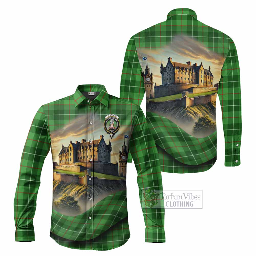 Tartan Vibes Clothing Clephane (Clephan) Tartan Family Crest Long Sleeve Button Shirt with Scottish Ancient Castle Style