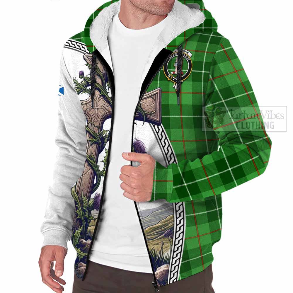Tartan Vibes Clothing Clephane (Clephan) Tartan Sherpa Hoodie with Family Crest and St. Andrew's Cross Accented by Thistle Vines