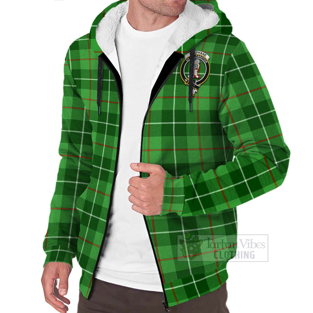 Tartan Vibes Clothing Clephane (Clephan) Tartan Sherpa Hoodie with Family Crest and Bearded Skull Holding Bottles of Whiskey