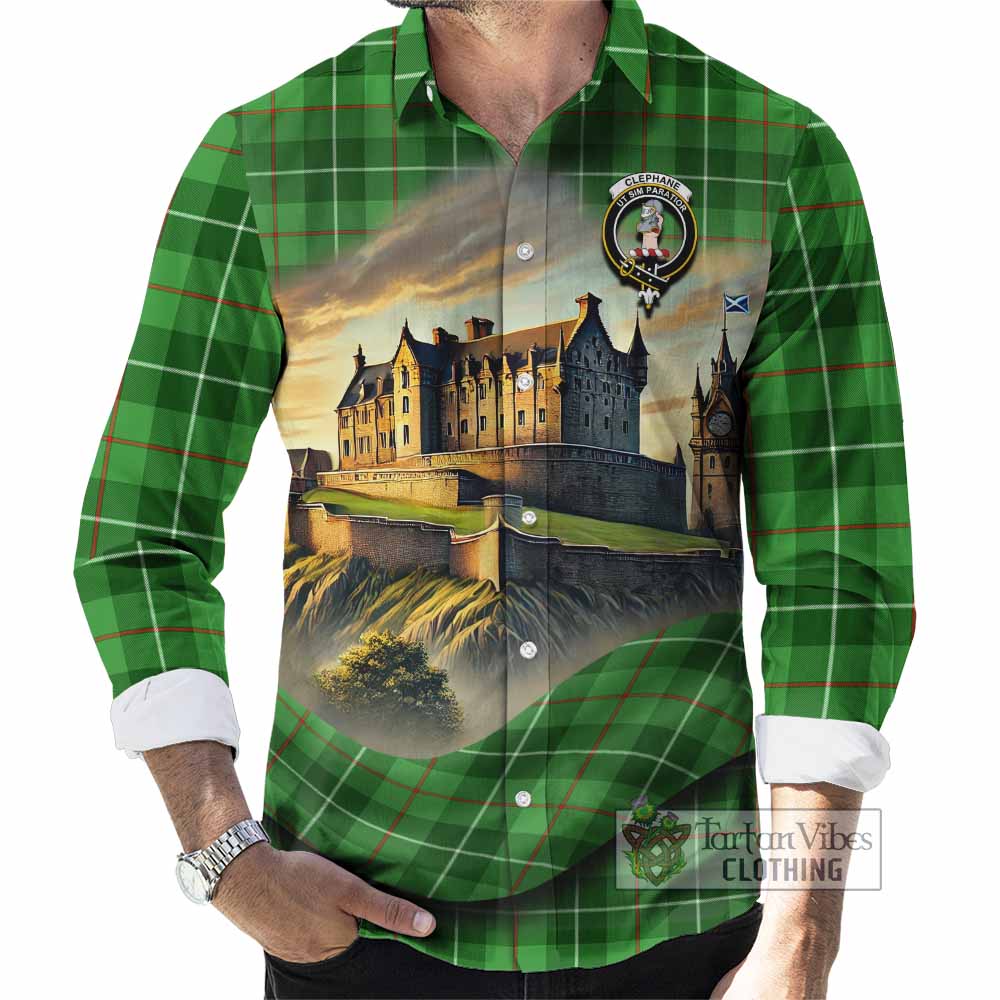 Tartan Vibes Clothing Clephane (Clephan) Tartan Family Crest Long Sleeve Button Shirt with Scottish Ancient Castle Style