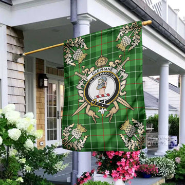 Clephane (Clephan) Tartan Garden Flag with Family Crest and Golden Thistle Crossed Sword Design