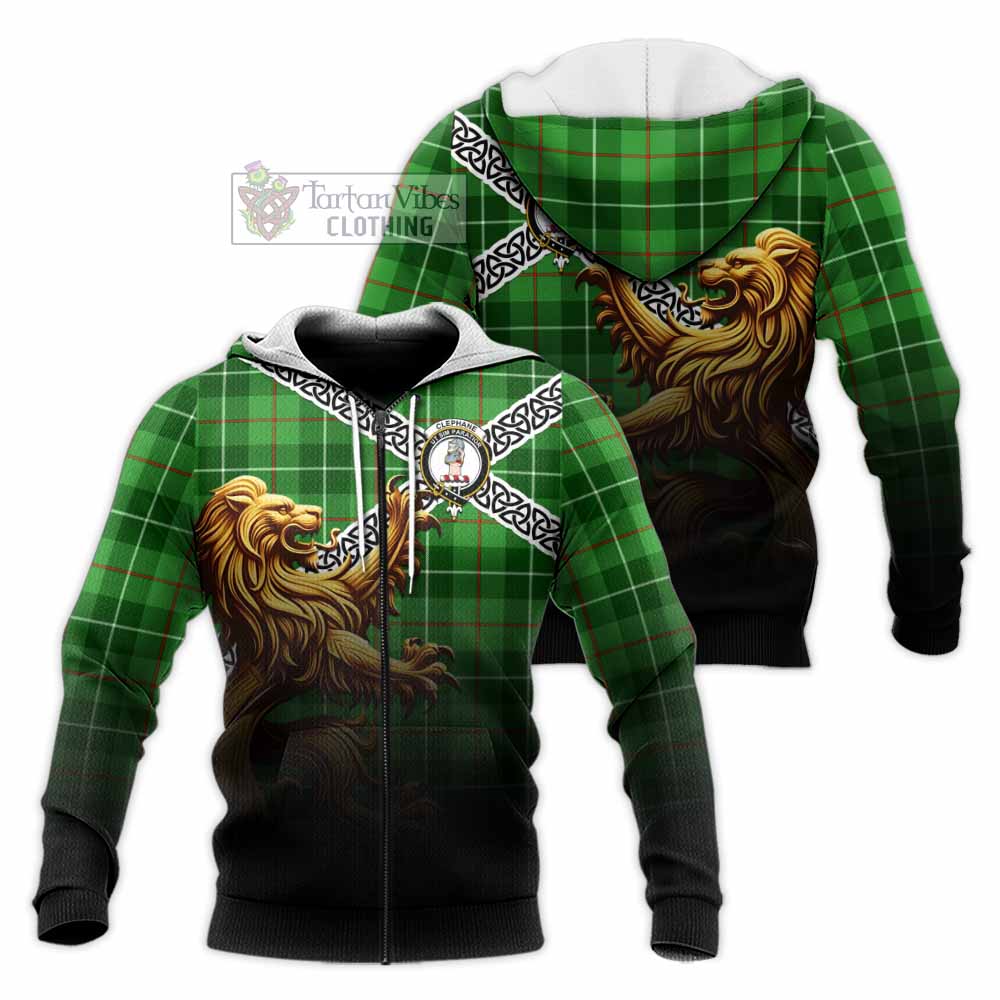 Clephane (Clephan) Crest Tartan Knitted Hoodie with Golden Lion Emblem Celtic Style Unisex Knitted Zip Hoodie - Tartan Vibes Clothing