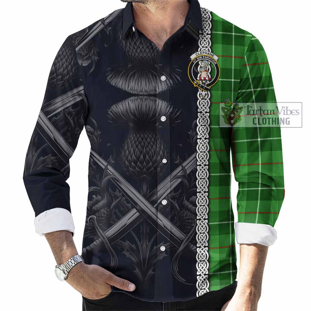 Tartan Vibes Clothing Clephane (Clephan) Tartan Long Sleeve Button Shirt with Family Crest Cross Sword Thistle Celtic Vibes