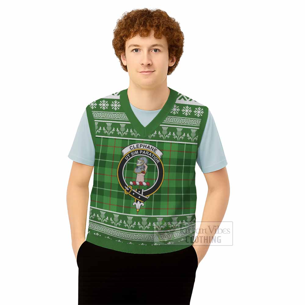 Clephane (Clephan) Clan Tartan Christmas Knitted V-Neck Vest with Family Crest - Tartan Vibes Clothing