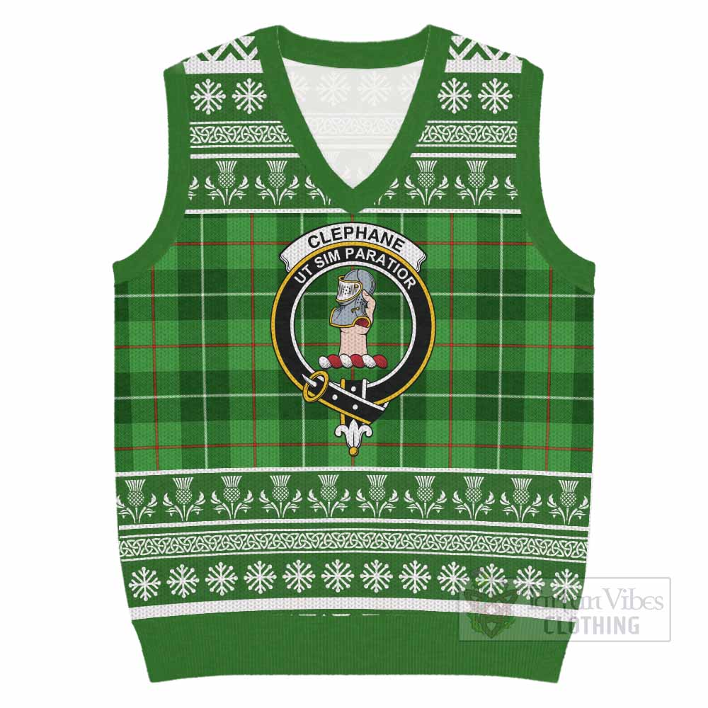 Clephane (Clephan) Clan Tartan Christmas Knitted V-Neck Vest with Family Crest - Tartan Vibes Clothing