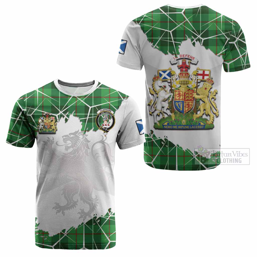 Clephane (Clephan) Tartan Cotton T-shirt with Family Crest and Lion Rampant Grunge Style