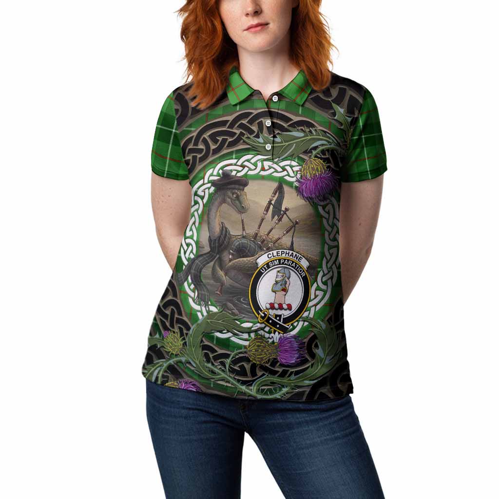 Clephane (Clephan) Tartan Crest Bagpipe Nessie Women Polo Shirt Scottish Loch Ness Monster Celtic Thistle