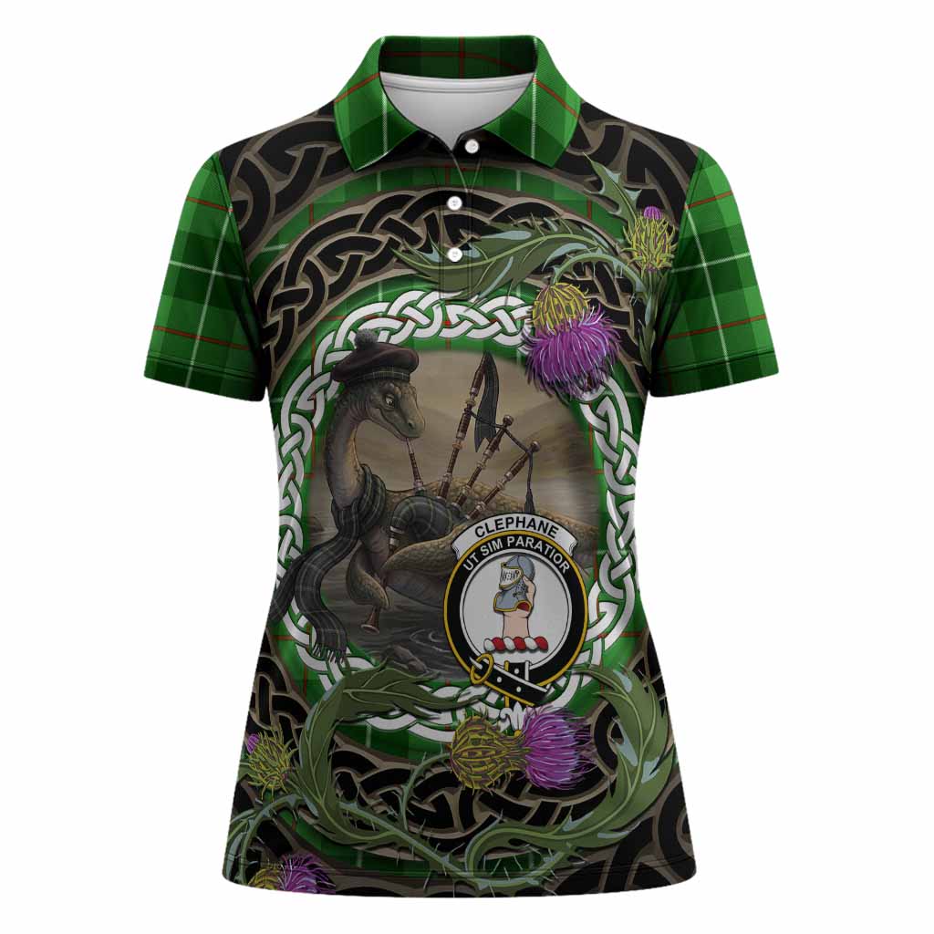 Clephane (Clephan) Tartan Crest Bagpipe Nessie Women Polo Shirt Scottish Loch Ness Monster Celtic Thistle
