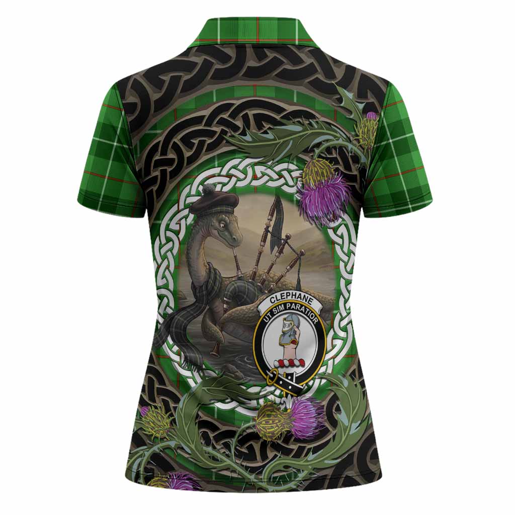 Clephane (Clephan) Tartan Crest Bagpipe Nessie Women Polo Shirt Scottish Loch Ness Monster Celtic Thistle