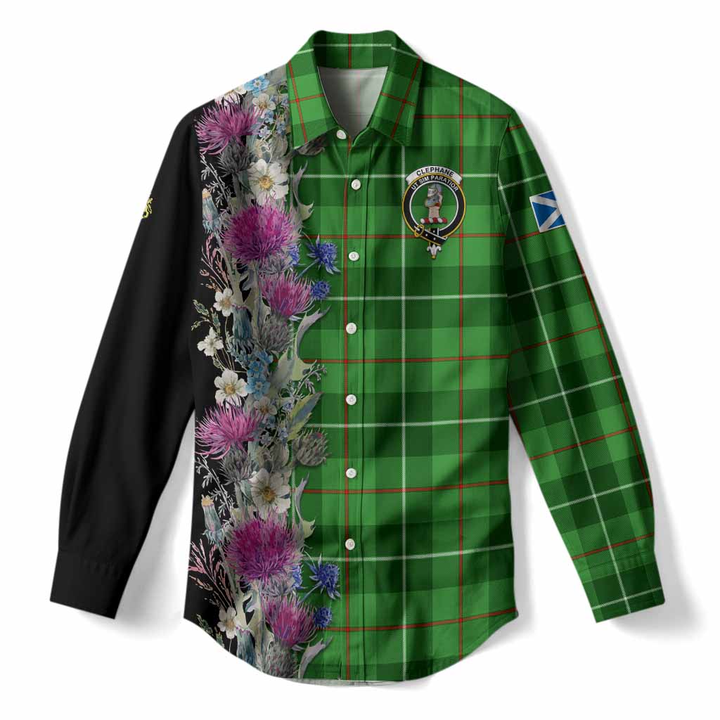 Clephane (Clephan) Tartan Crest Thistle Floral Women Casual Shirt