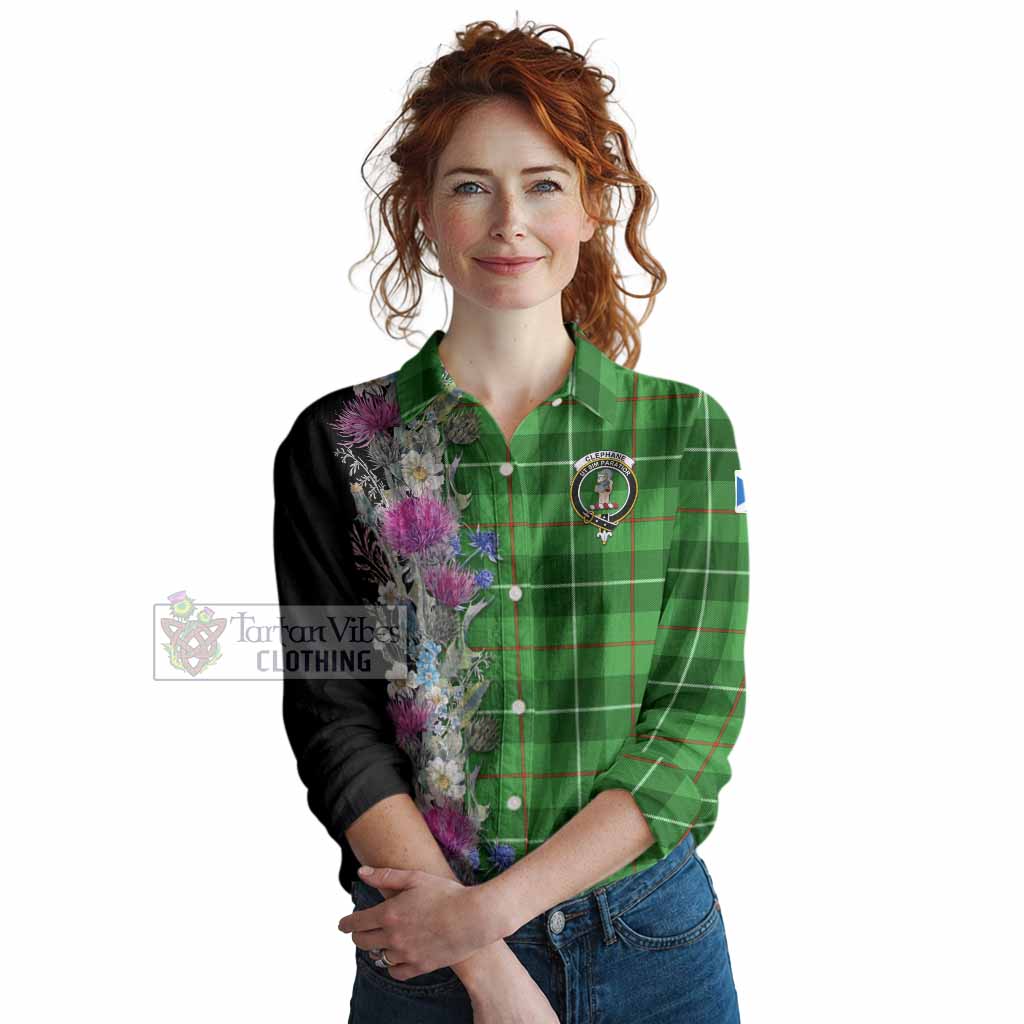Clephane (Clephan) Tartan Crest Thistle Floral Women Casual Shirt