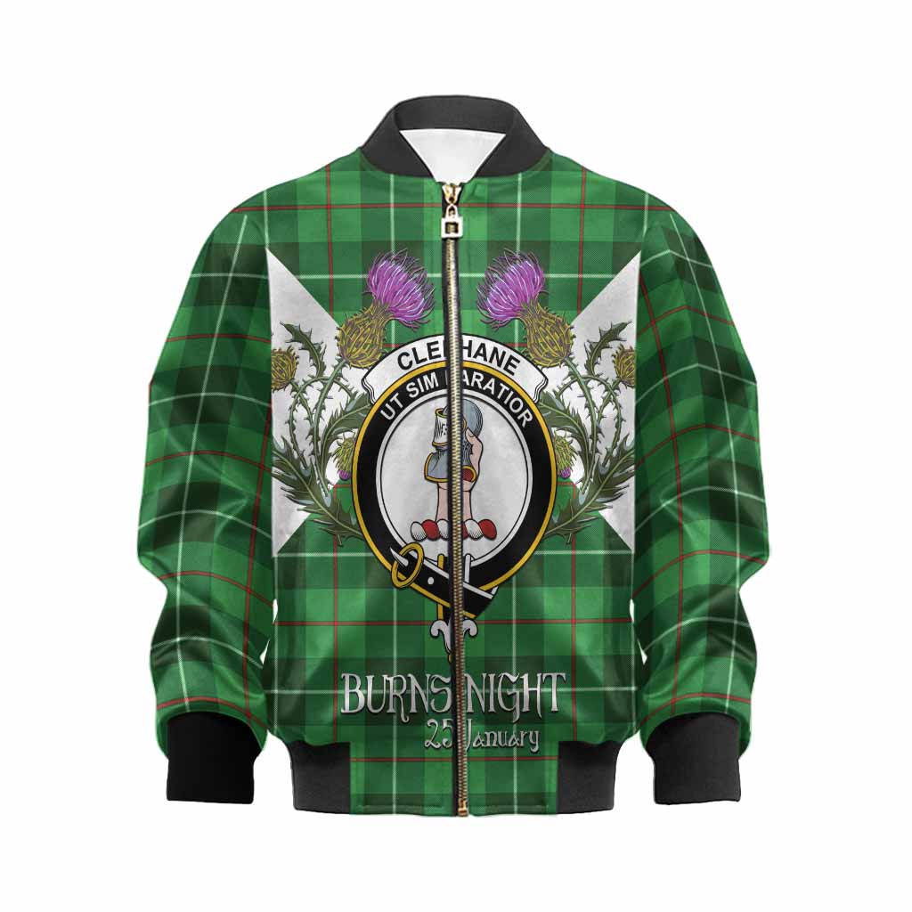 Clephane (Clephan) Tartan Family Crest Kid Bomber Jacket Scottish Burns Night Thistle Floral