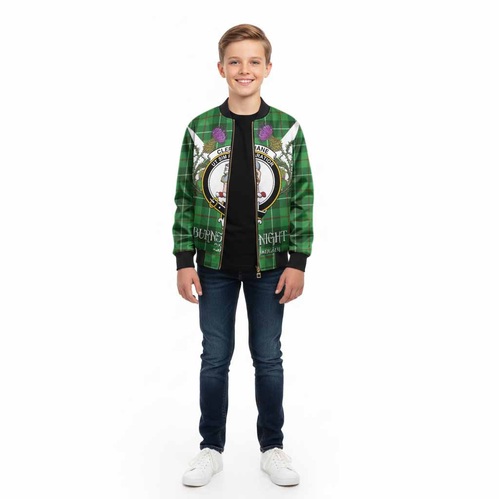 Clephane (Clephan) Tartan Family Crest Kid Bomber Jacket Scottish Burns Night Thistle Floral