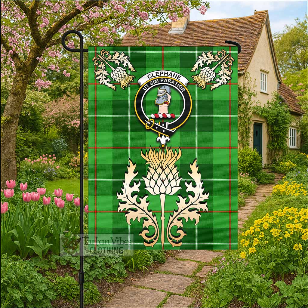 Clephane (Clephan) Tartan Garden Flag with Golden Regal Scottish Thistle Emblem - Tartan Vibes Clothing