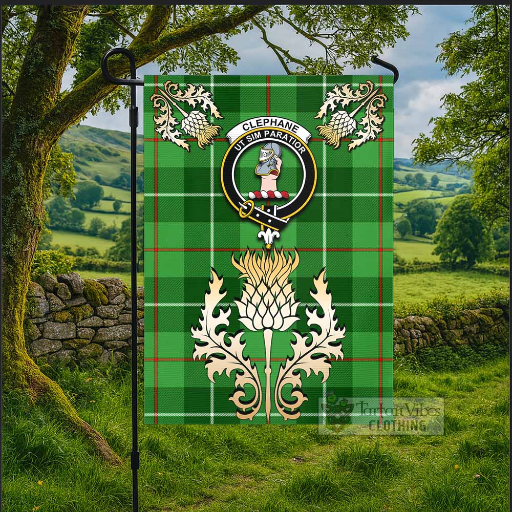 Clephane (Clephan) Tartan Garden Flag with Golden Regal Scottish Thistle Emblem - Tartan Vibes Clothing