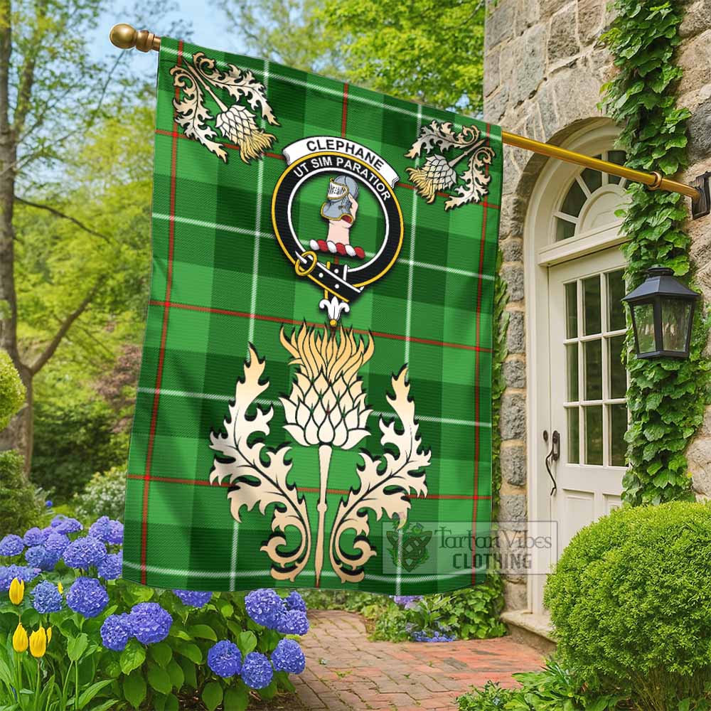 Clephane (Clephan) Tartan Garden Flag with Golden Regal Scottish Thistle Emblem - Tartan Vibes Clothing