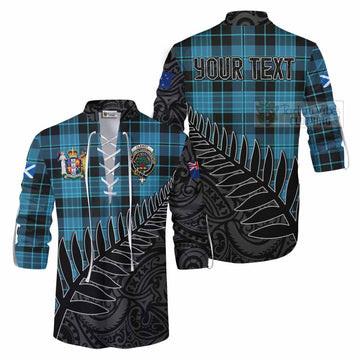 Clergy Crest Tartan Ghillie Kilt Shirt with New Zealand Silver Fern Half Style Men - Tartan Vibes Clothing