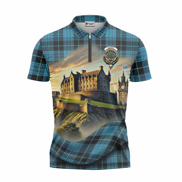 Clergy Tartan Family Crest Zipper Polo Shirt with Scottish Ancient Castle Style Unisex - Tartan Vibes Clothing
