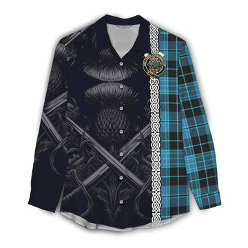 Clergy Tartan Women's Casual Shirt with Family Crest Cross Sword Thistle Celtic Vibes Female - Tartan Vibes Clothing