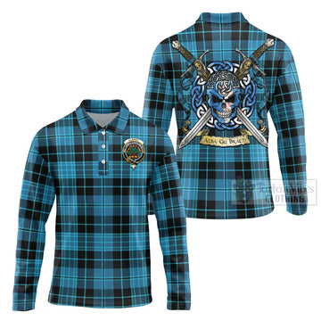 Clergy Tartan Long Sleeve Polo Shirt with Family Crest Celtic Skull Style Unisex - Tartan Vibes Clothing