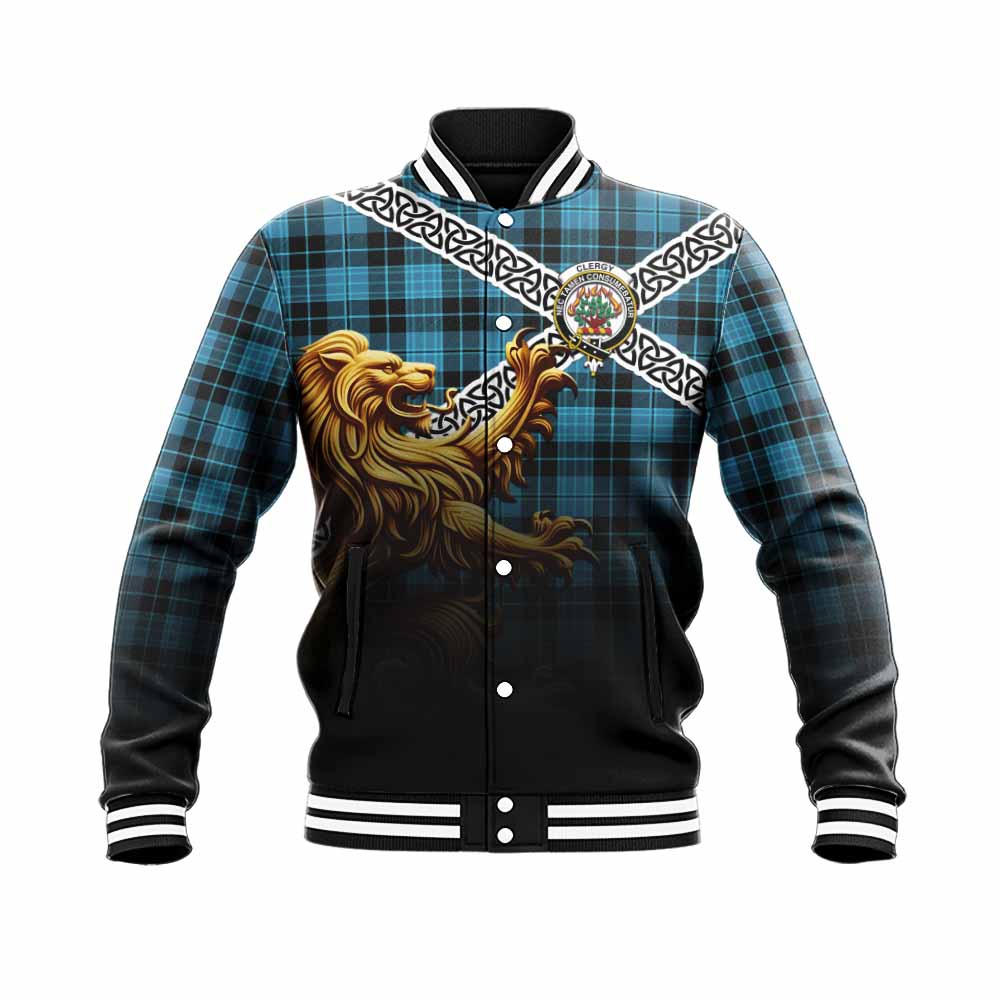 Clergy Crest Tartan Baseball Jacket with Golden Lion Emblem Celtic Style Unisex - Tartan Vibes Clothing