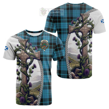 Clergy Tartan Cotton T-shirt with Family Crest and St. Andrew's Cross Accented by Thistle Vines