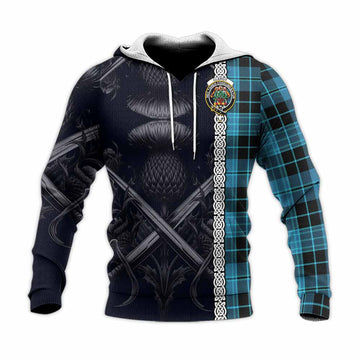 Clergy Tartan Knitted Hoodie with Family Crest Cross Sword Thistle Celtic Vibes Unisex Knitted Pullover Hoodie - Tartan Vibes Clothing